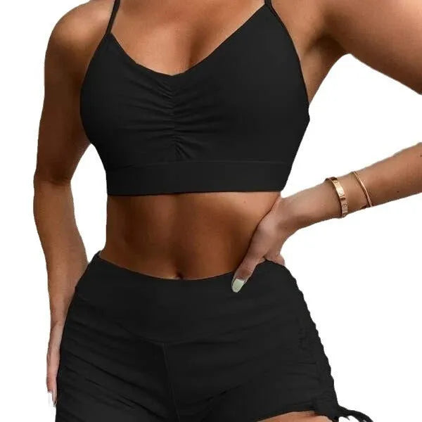 Women's high waist split swimsuit bikini set in black or violet colour with briefs styling