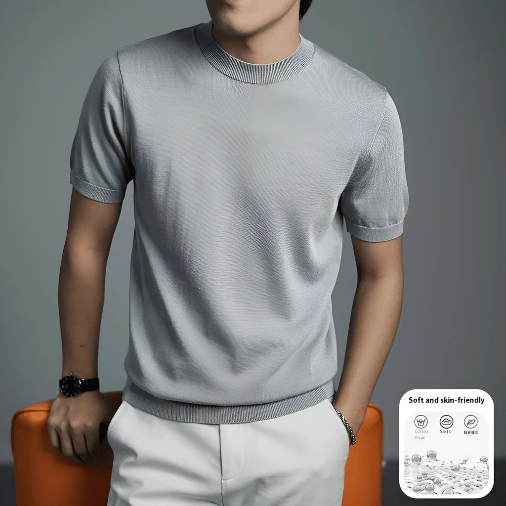 Men's knitted round neck short sleeve T-shirt in business casual style with non-ironing polyester blend fabric