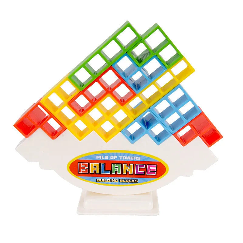 Plastic balance stacking game with 16 coloured building blocks on chassis