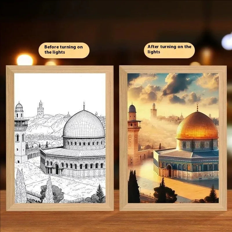 Modern rectangular LED photo frame with customisable inner designs and plug-in power cable