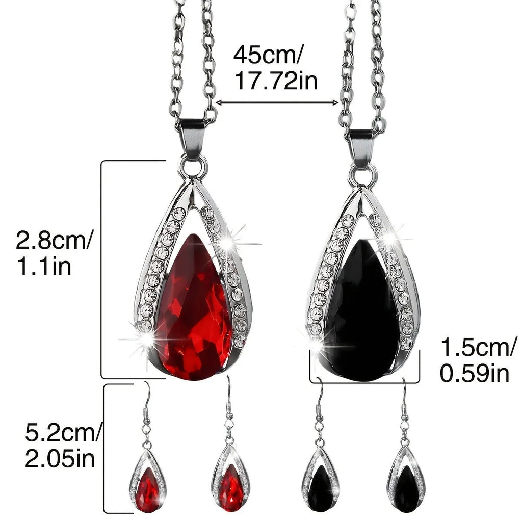 Teardrop pendant necklace and earrings suite with water droplet design in alloy