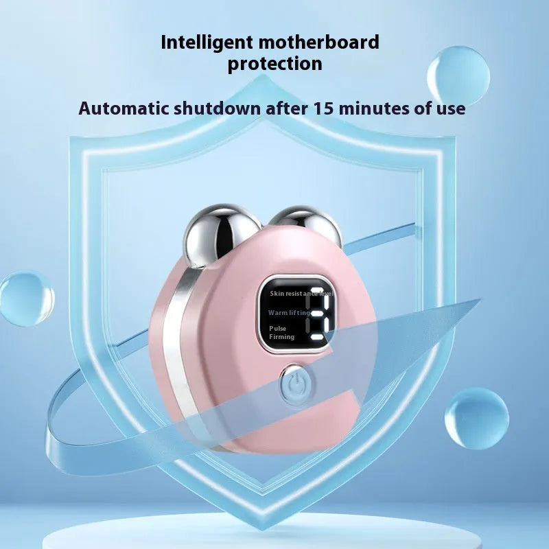 Portable white facial massage instrument with micro current and heated double-rollers on pink background