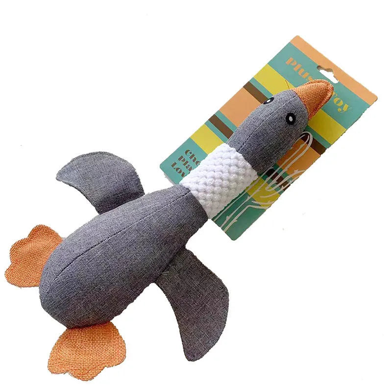 Blue duck-shaped plush dog toy with dual squeakers measuring 33cm long