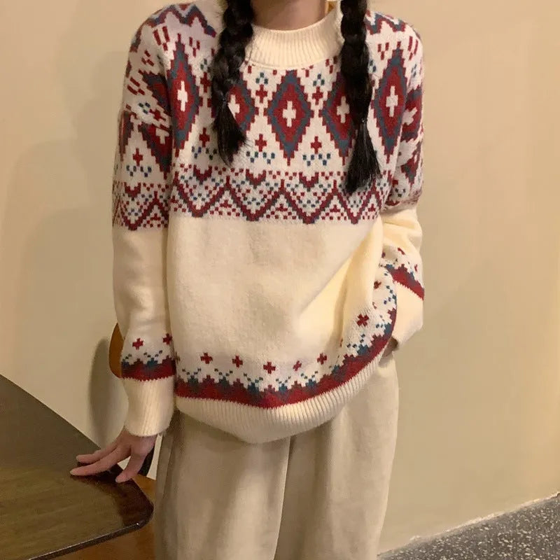 Women's loose retro striped pullover knitted top in polyester with long sleeves
