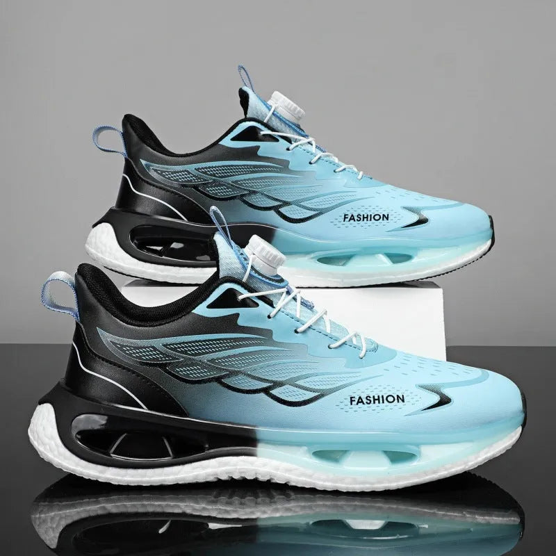 Men's low-top sneaker with a rotating button closure on the side, shown in light blue mesh.