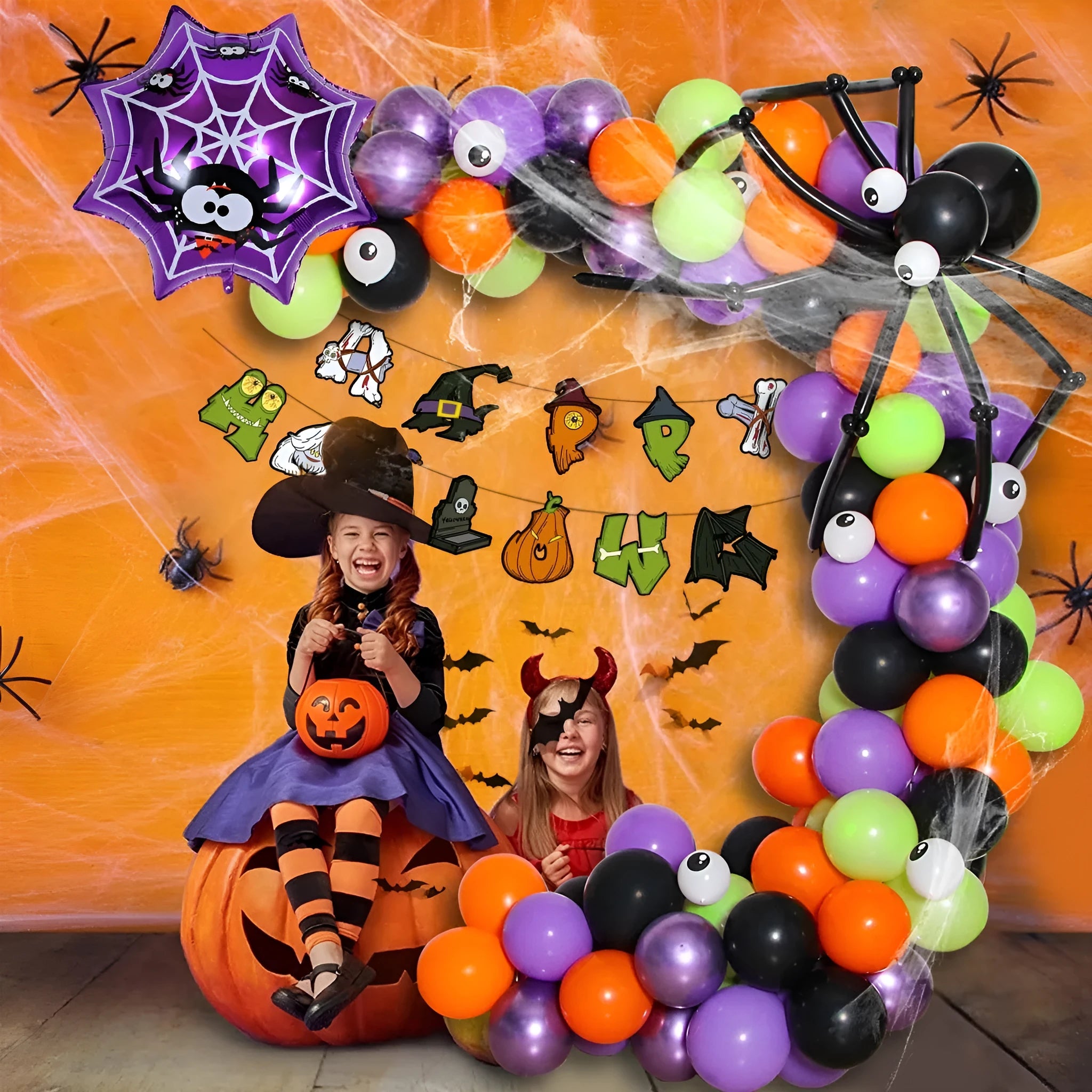 Halloween spider web balloon arch decoration set in white and black latex