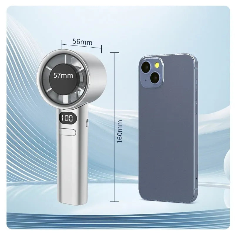 Handheld USB fan showing variable speed control and available in four colour options: green, khaki, silver, and white.