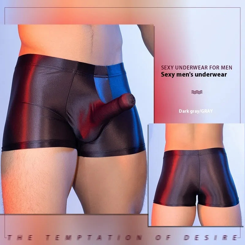 Men's elephant print nylon boxers in red, shown as thin, seamless mid-waist shorts.