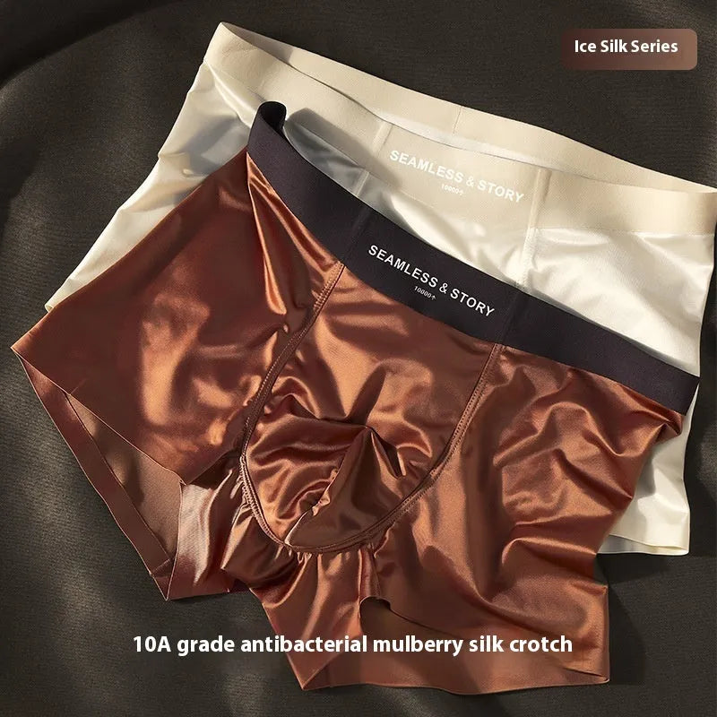Men's ice silk satin underwear in mid-waist cut, shown in coffee, light grey, white, and blue colours.