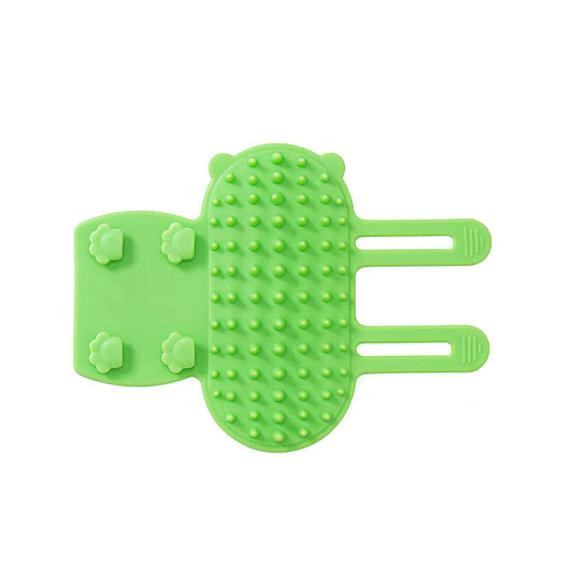 Silicone cat scratching massage comb with adjustable strap in one of four colours: black, green, pink, or yellow