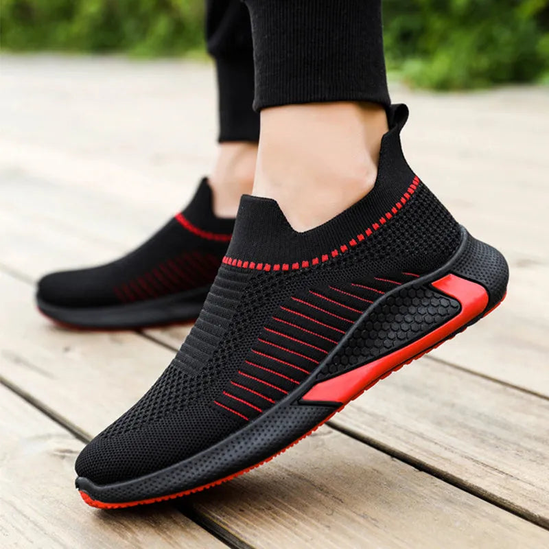 Men's striped mesh sock shoes with lace-up front and round toe design
