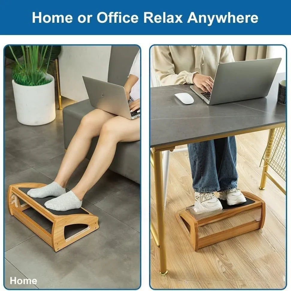 Adjustable bamboo office desk footstool in natural wood colour with modern simple design