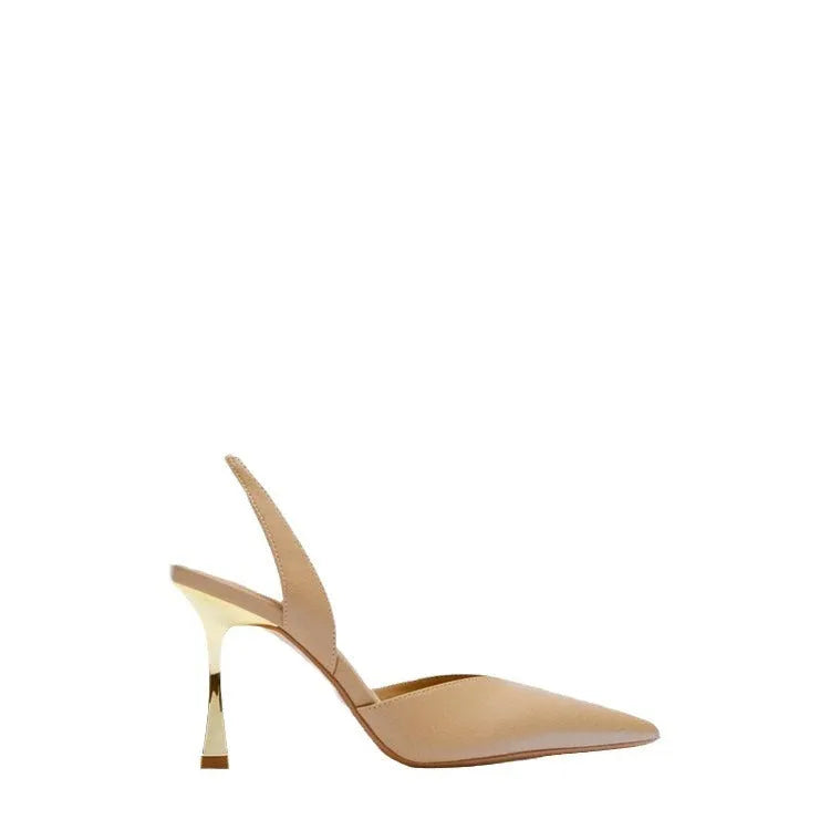 Nude patent leather pointed high heels with shallow cut design in apricot colour