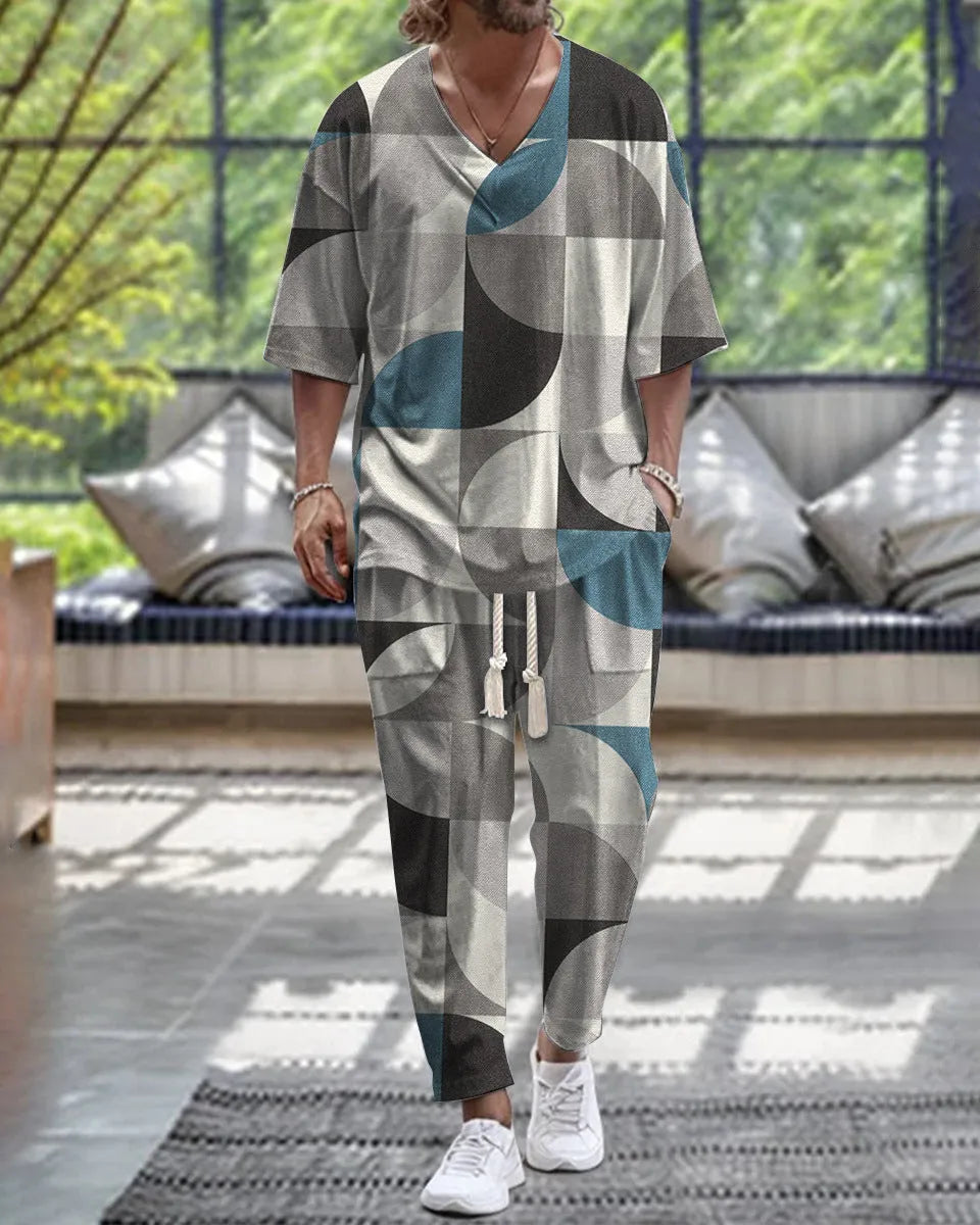 Cropped sleeve V-neck jacket and matching trousers suit set in thin polyester fabric
