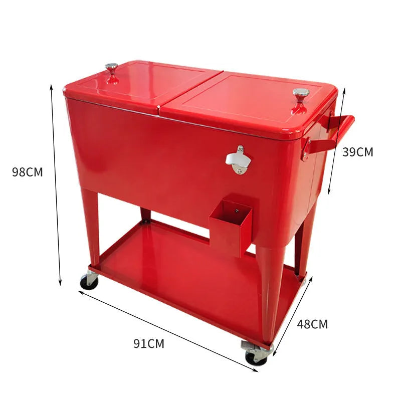 Red outdoor insulated cart with wheels for picnic food and drink temperature control
