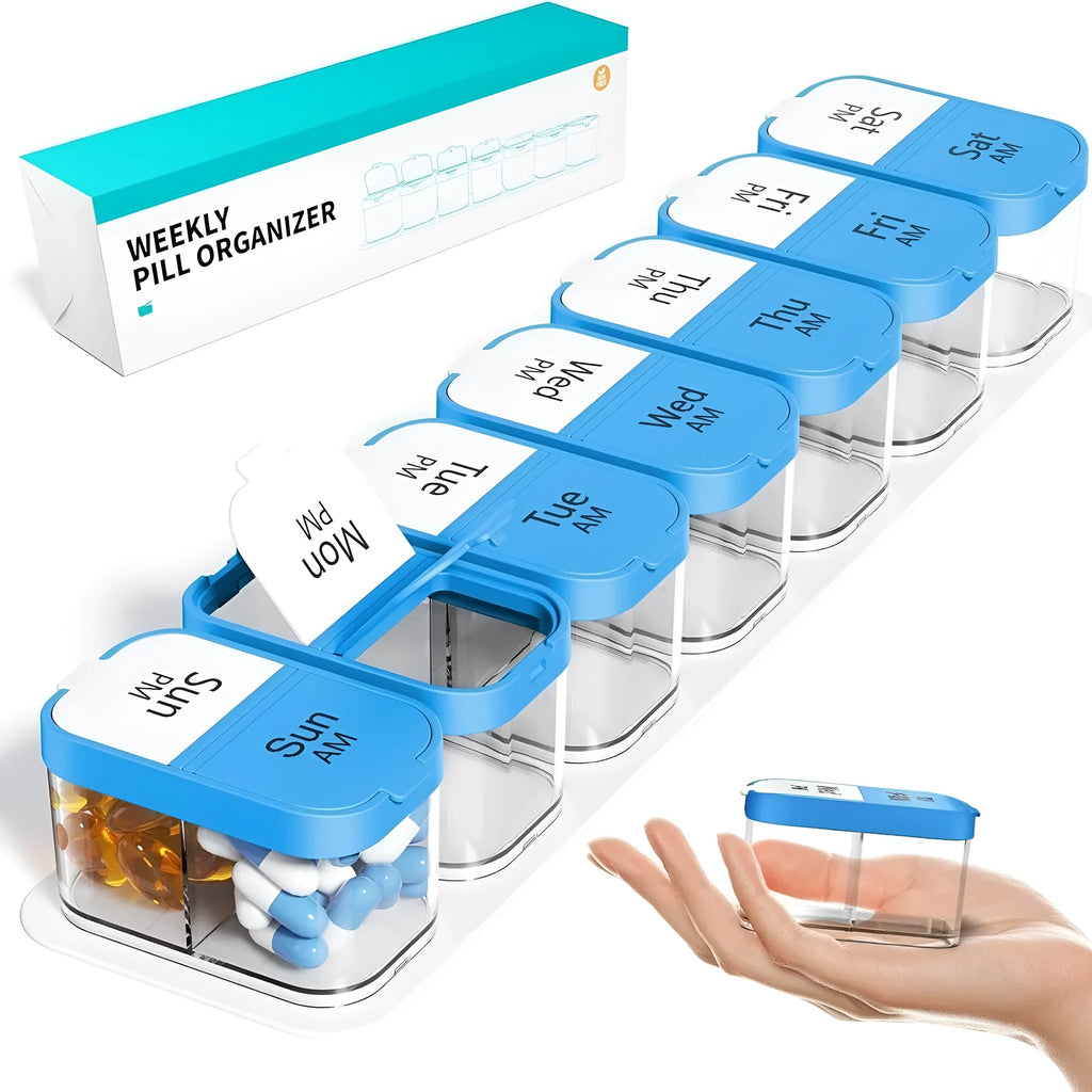 Amazon portable medicine dispenser with 14 removable compartments in rainbow colour option