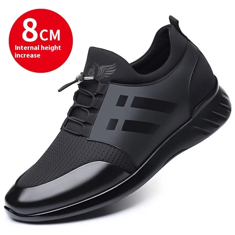 Men's black casual height increasing shoes in leather, Lycra or mesh with a chunky rubber sole