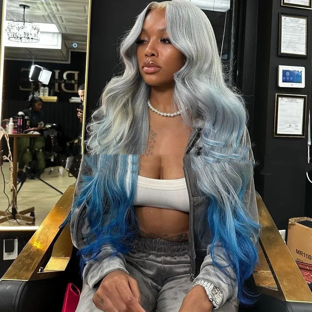 Grey blue gradient human hair headgear wig in Ruili style on a display stand.