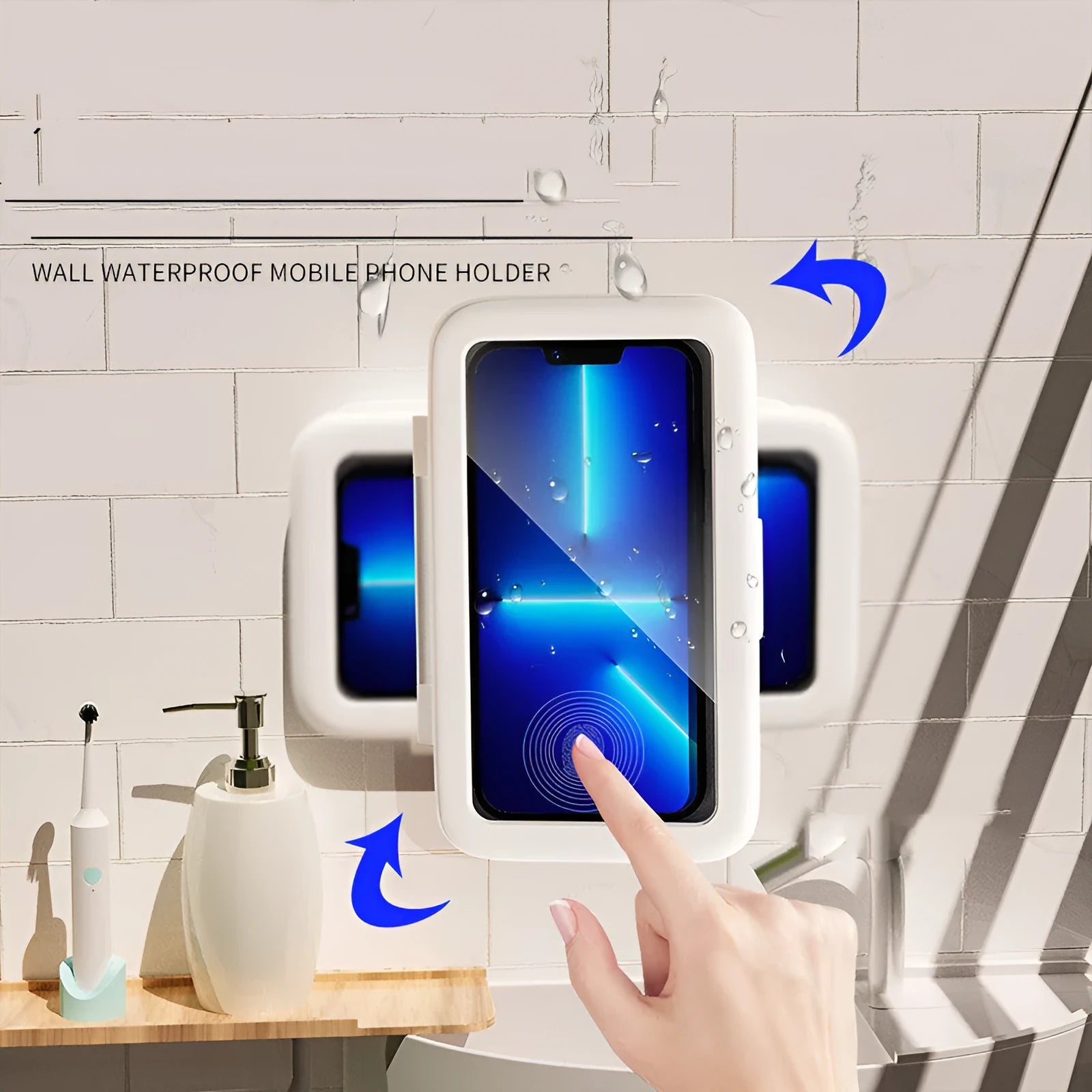 Waterproof plastic phone holder with clear anti-fog window showing smartphone inside, mounted on bathroom tile