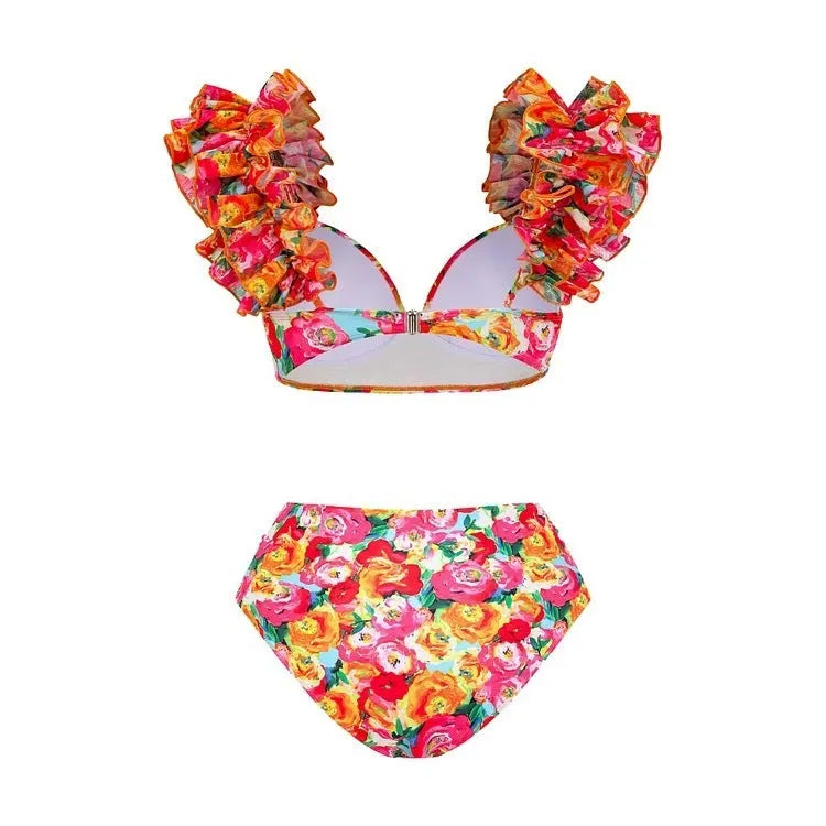 Women's floral print push up bikini with high-waist split design on mannequin