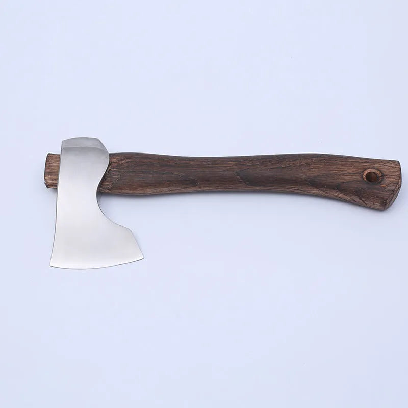 Camping axe with high carbon steel head and wooden handle measuring 250mm length