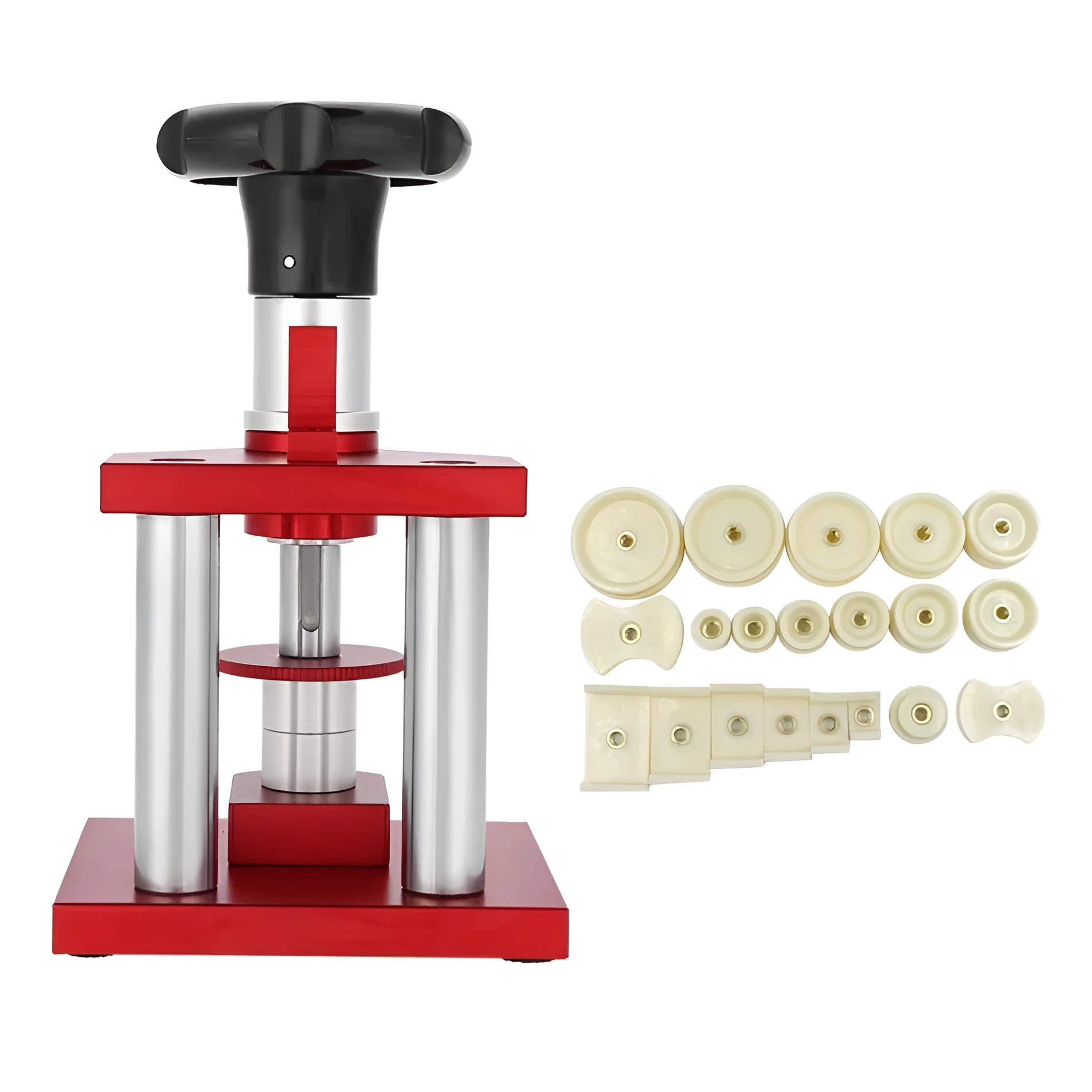 Watch repair spiral cap presser tool with twenty plastic moulds for different watch case sizes