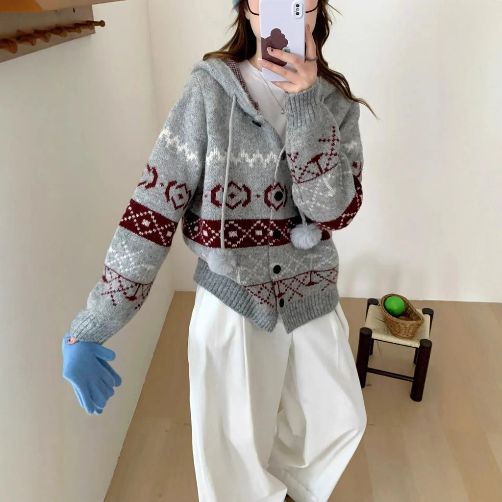Geometric pattern brocade sweater coat in milky white loose fit plus size women's outerwear