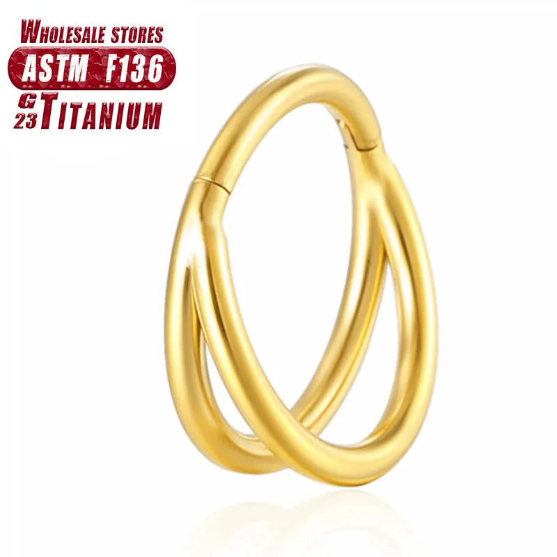 Titanium alloy L-shaped fork nose ring in silver, gold, black, rose gold and colourful finishes on a white background.