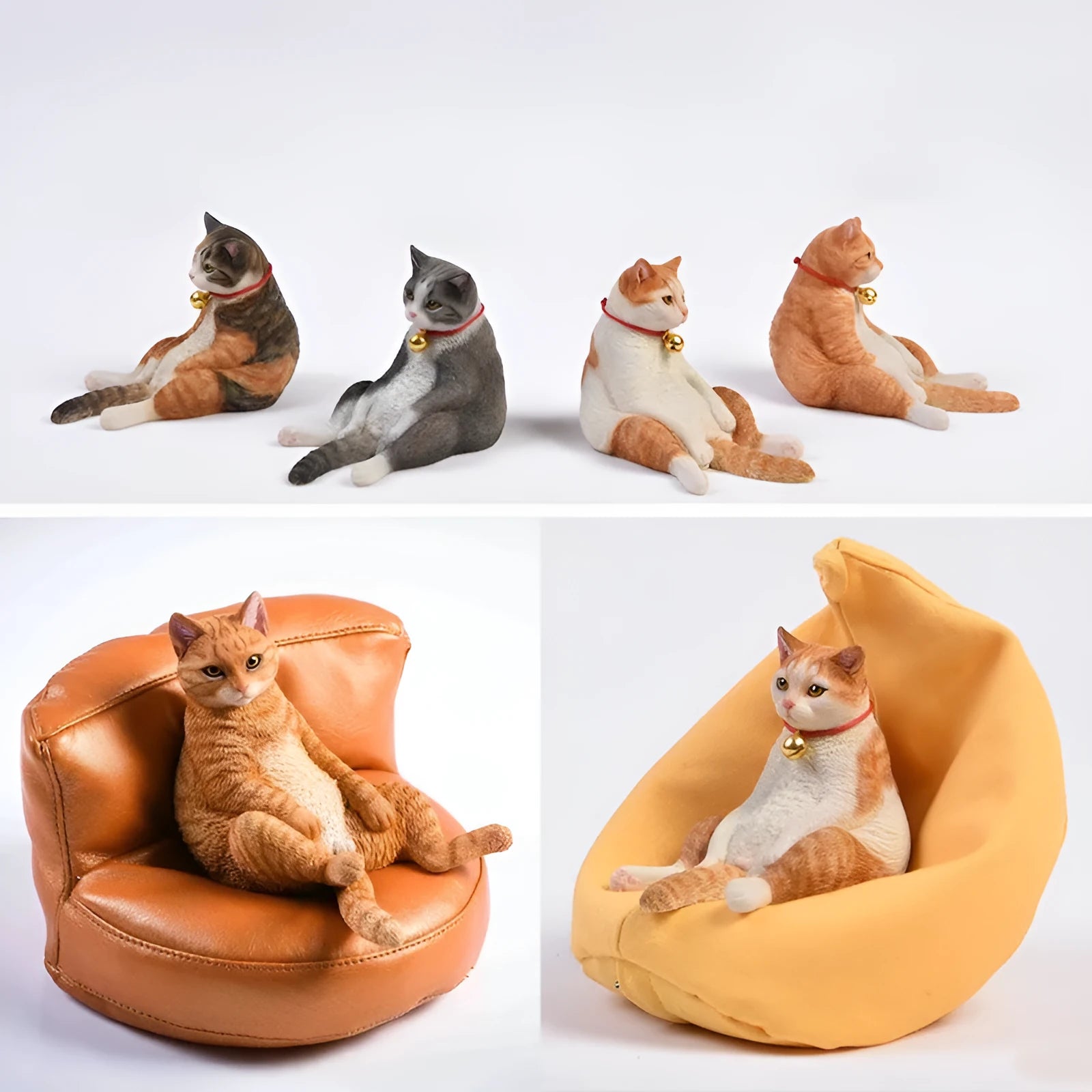 Lazy cat and sofa miniature car ornament set on a dashboard, 7.5cm high.