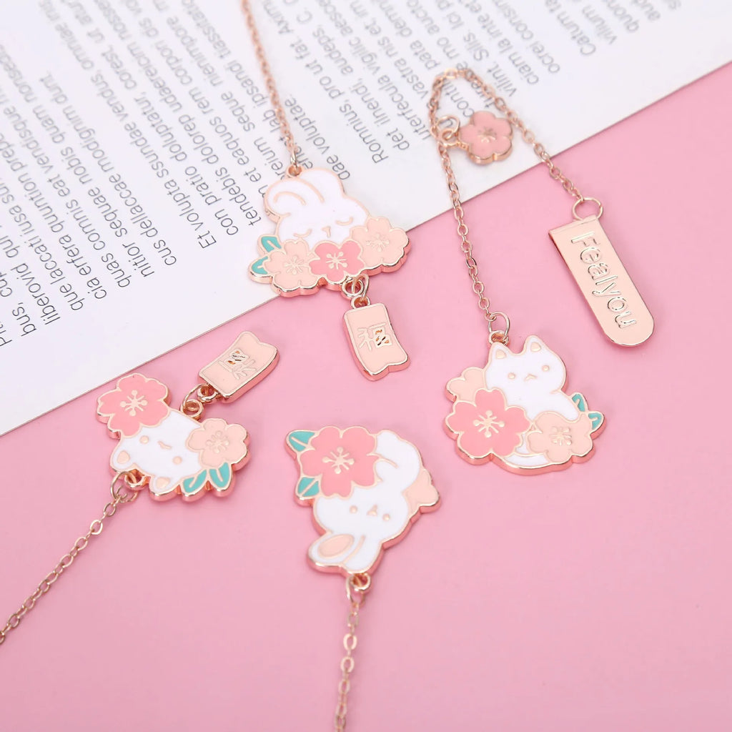 Cute cartoon metal pendant bookmark with cherry cat and sakura bunny designs