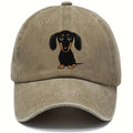 Retro washed blue cotton baseball cap with an embroidered brown dachshund design on the front.