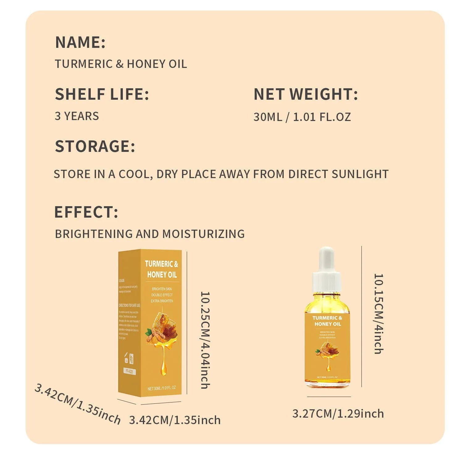 30ml bottle of turmeric honey essential oil with neutral packaging for facial beauty applications