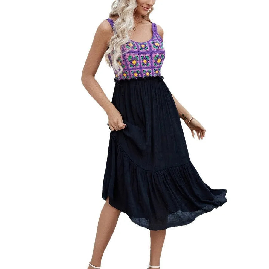 Purple sleeveless dress with hand-hooked flower stitching on cotton blend fabric