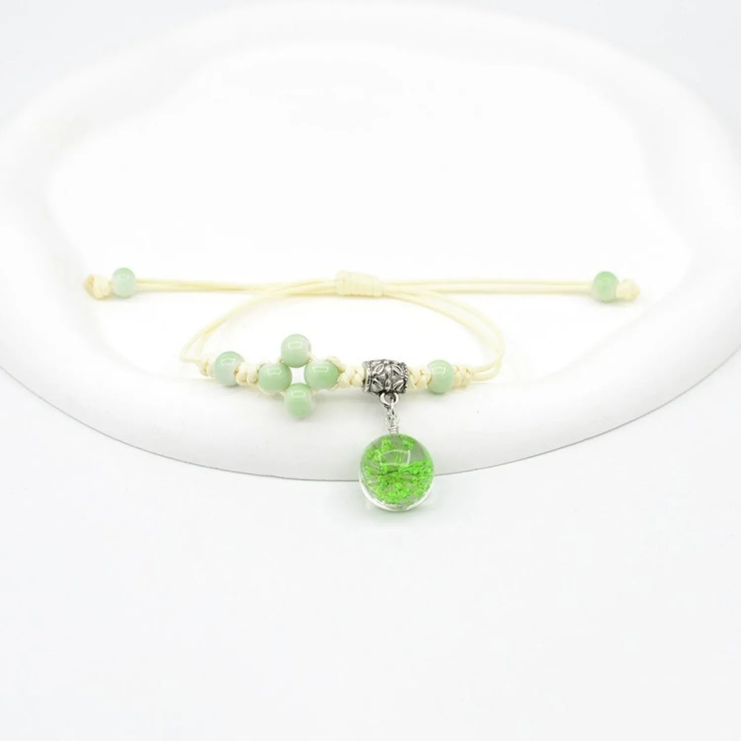 Glass dried flower bracelet with hand-woven lace and 1.4cm beads in multiple colour options