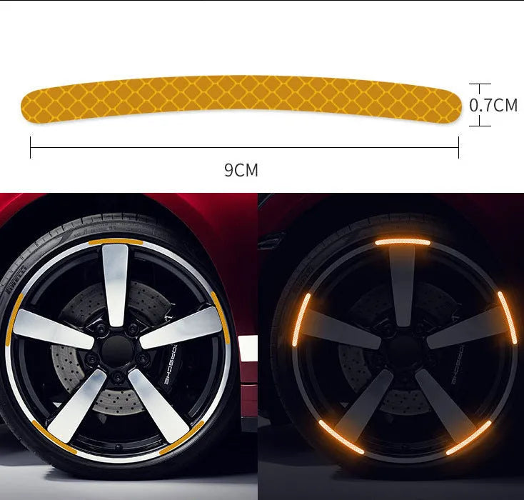 Pack of 20 arc-shaped PVC reflective stickers for car wheel hubs in assorted high-visibility colours.