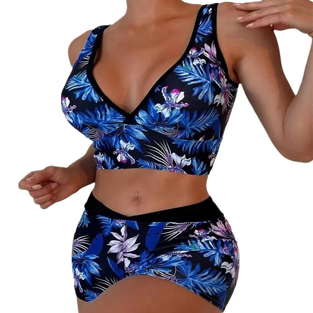 Women's two-piece swimsuit with printed boxer briefs and sleeveless top in multi-colour designs