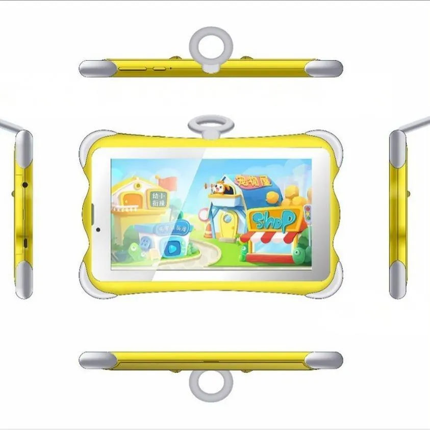 A 7-inch children's learning tablet in a cartoon colour, shown with its stand, on a table.