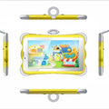 A 7-inch children's learning tablet in a cartoon colour, shown with its stand, on a table.