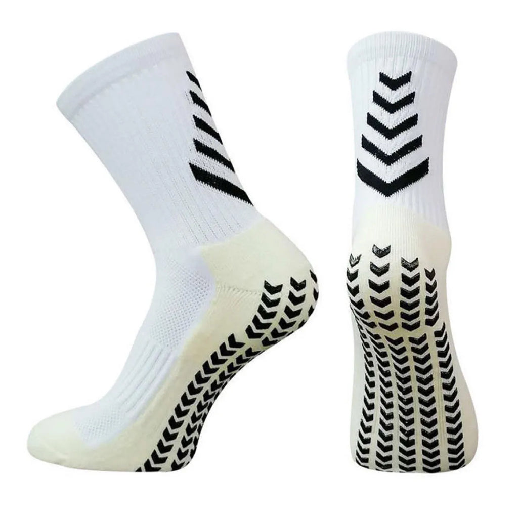 Men's mid-calf athletic socks with geometric patterns and non-slip silicone grip in multiple colour options