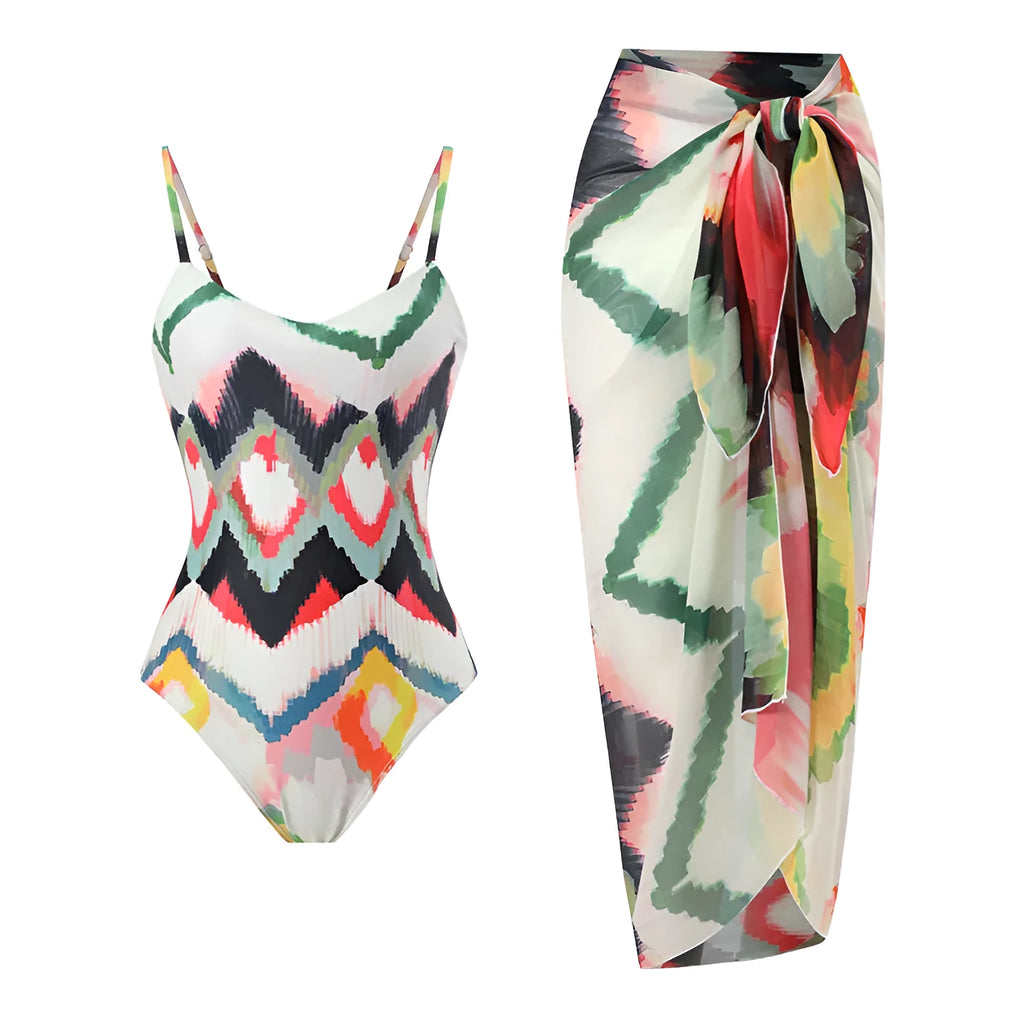 Women's two-piece swimsuit set with striped pattern and matching hip skirt