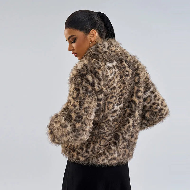 Women's leopard print coat with buckle lapel detail in polyester fabric