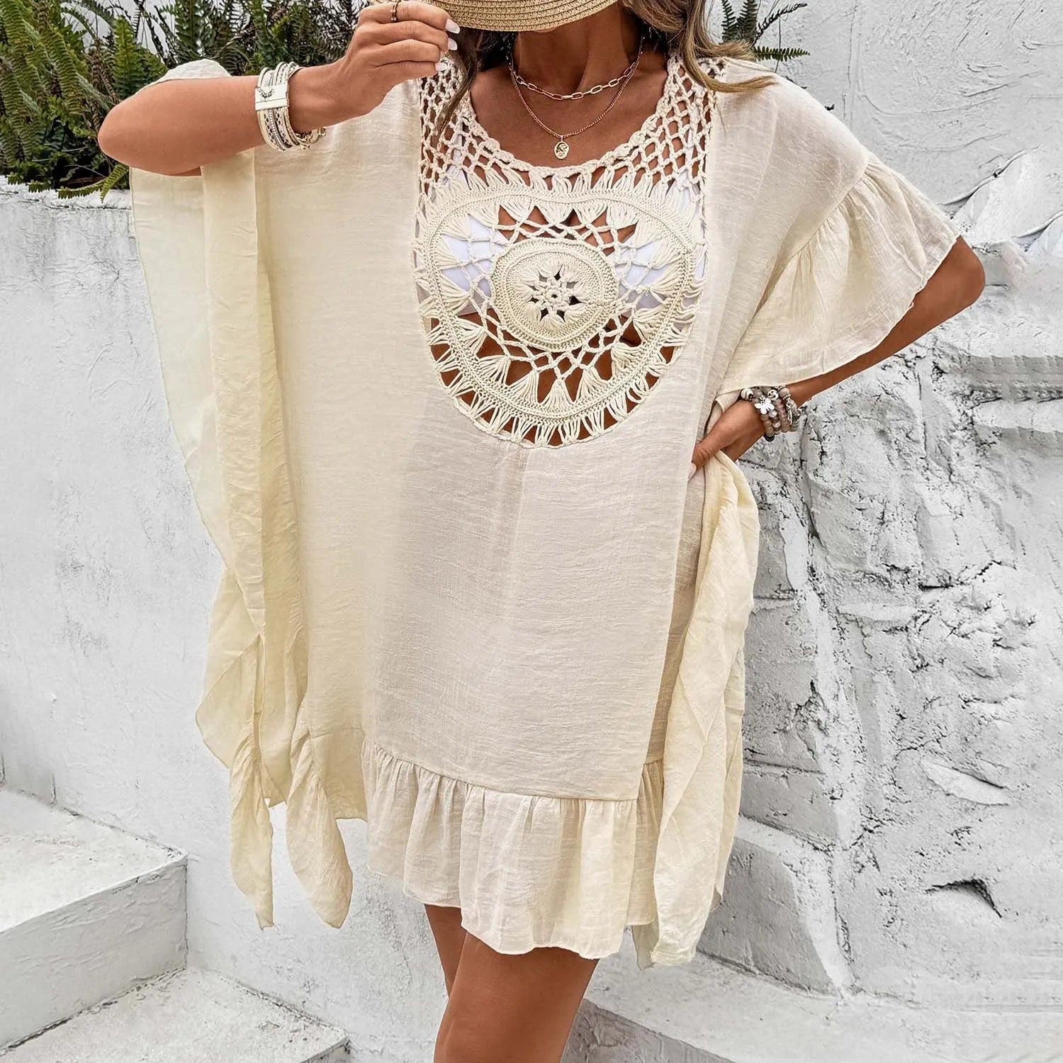 Crochet stitching tassel dress swimsuit in patchwork skirt design with four colour options