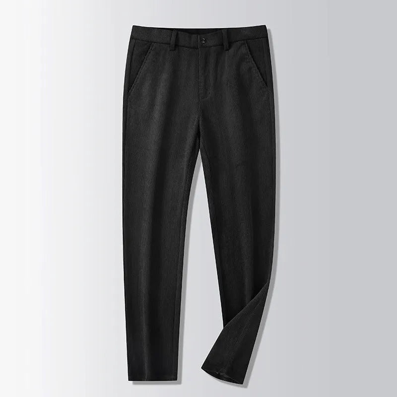 British retro striped straight leg trousers in chemical fibre blend fabric shown in khaki colour