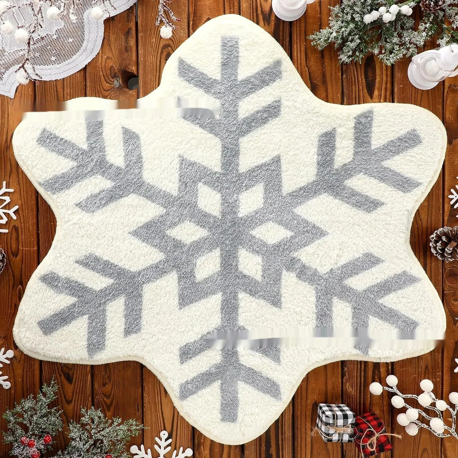 Round Christmas-themed carpet on floor, showing one of ten printed holiday blanket designs.