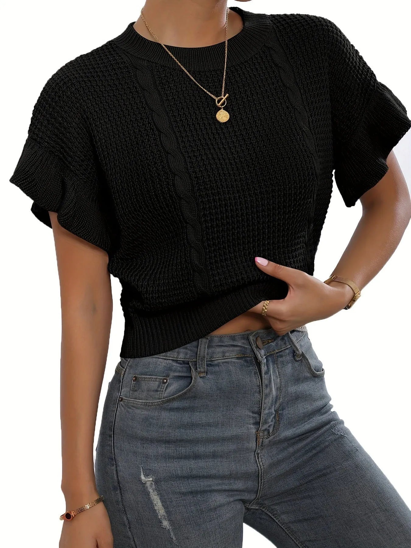 Knitted pullover sweater with twisted string ruffle short sleeves in Japanese Korean casual style