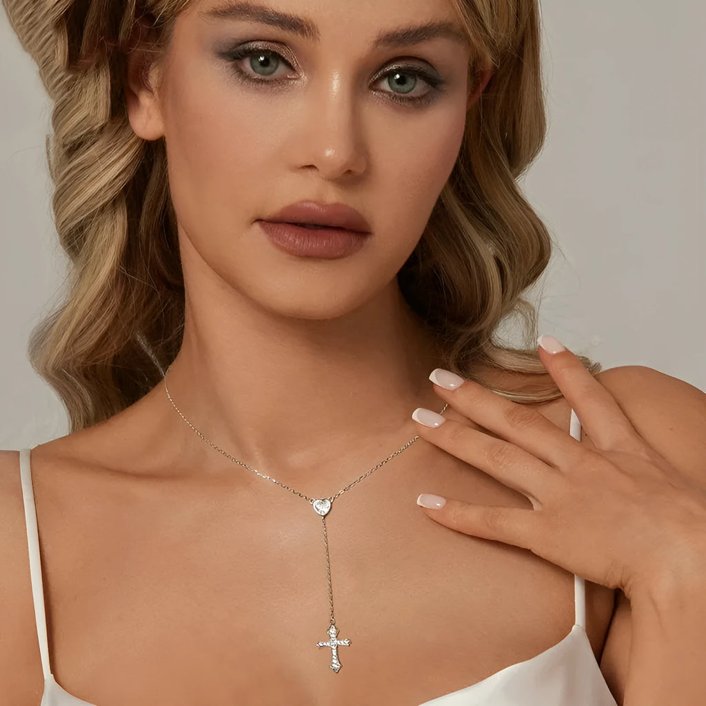 Simple V-neck love cross necklace with 925 silver pendant and O-ring chain in silver colour for women BSN384