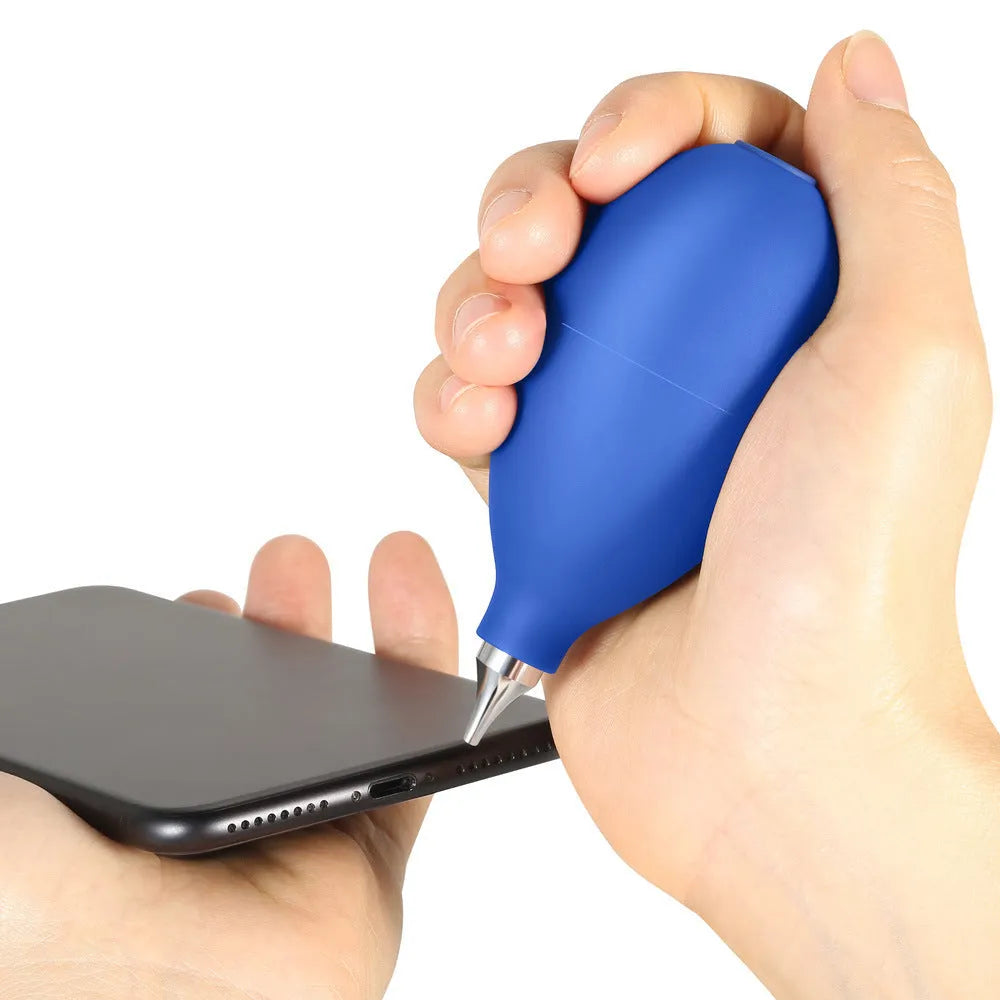 Blue and black rubber air blowing cleaning tool for camera and phone dust removal measuring 9.5cm