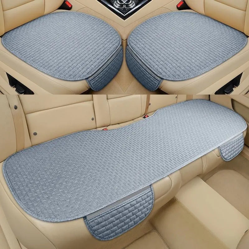 Linen plaid car cushion set in charm coffee colour showing hemming style on car seat