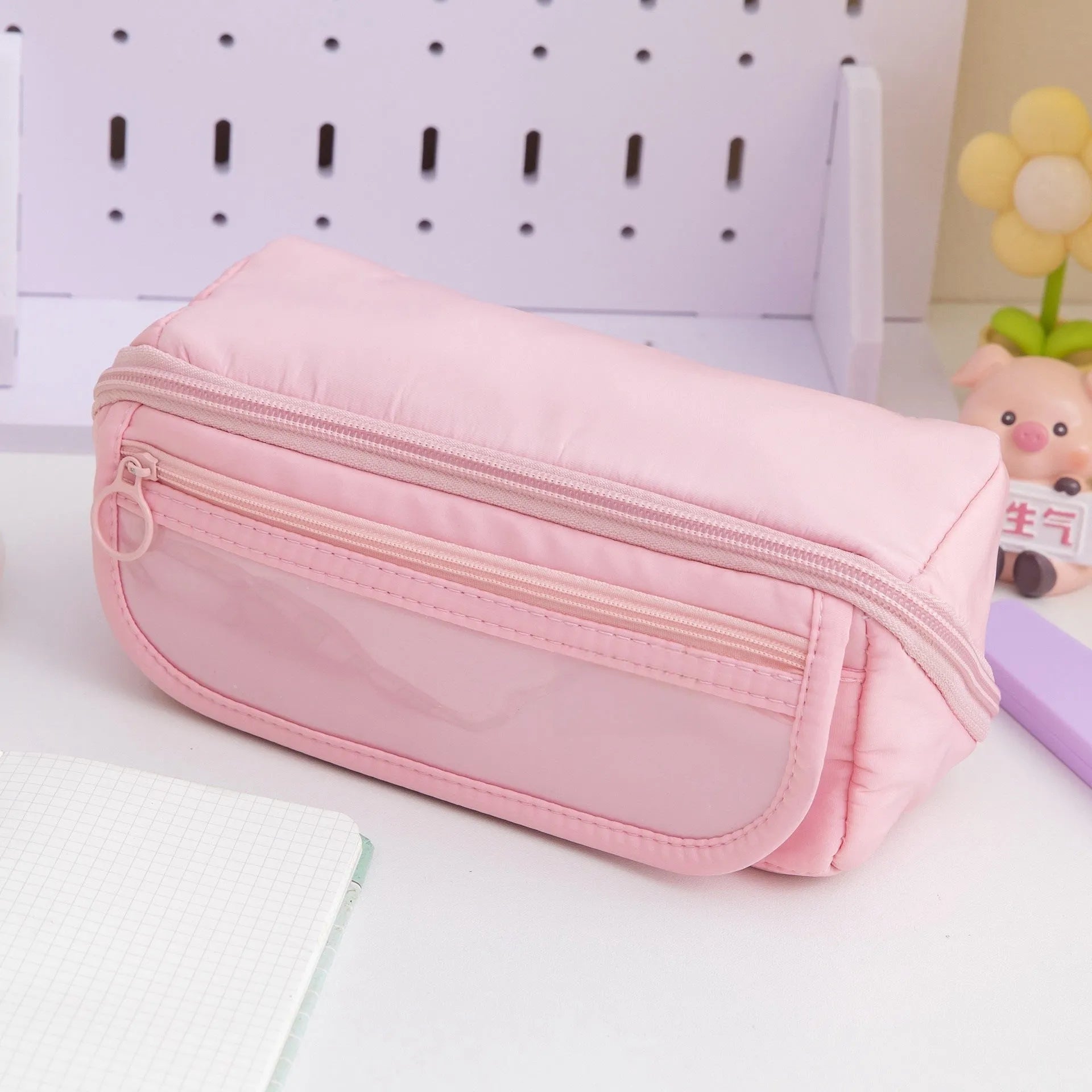 Canvas pencil case with multi-layer flip design in Korean style showing six colour options