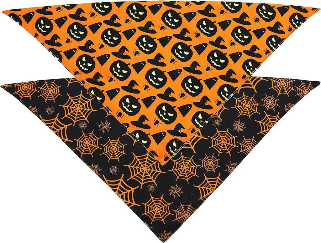 Black and orange reversible Halloween dog bandana with pumpkin and spider web patterns